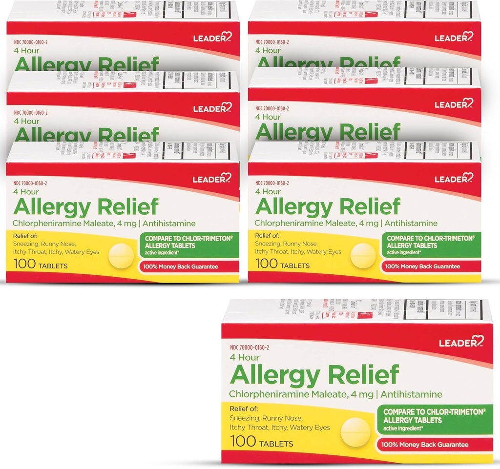 지도자 4 시간 알레르기 완화, Chlorpheniramine Maleate 정제, Antihistamine, 4 mg, 100 조사 (6의 포장)