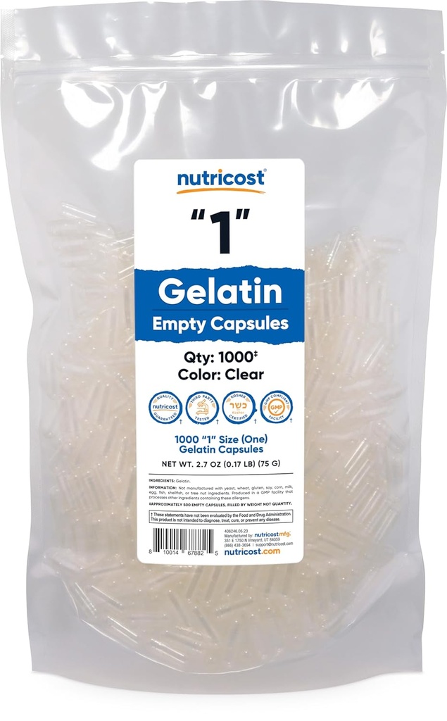 Nutricost 빈 캡슐 젤라틴 크기 1-1000 Clear Bean '1' Gel Capsules - Kosher, Non-GMO, Soy Free, 글루텐 무료