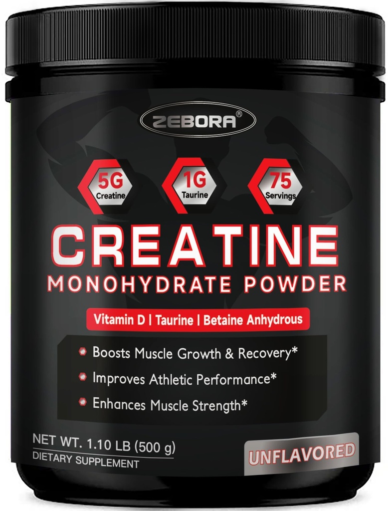 ZEBORA Micronized Creatine Monohydrate 분말, 여성 남성을 위한 Creatine Monohydrate, 도움 근육 회복, 5G Creatine와 1G Taurine를 가진 근육 크기 & 힘을 강화하십시오