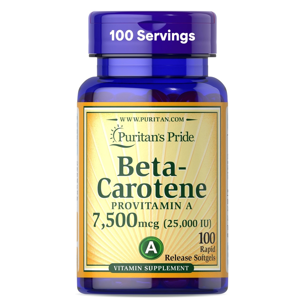 Puritan의 Pride Beta Carotene Provitamin A 7,500mcg (25,000 IU), 면역 체계, 산화 방지제 및 눈 건강 지원, 100 일 공급, 100 급속한 방출 Softgels를 위한 비타민 보충교재