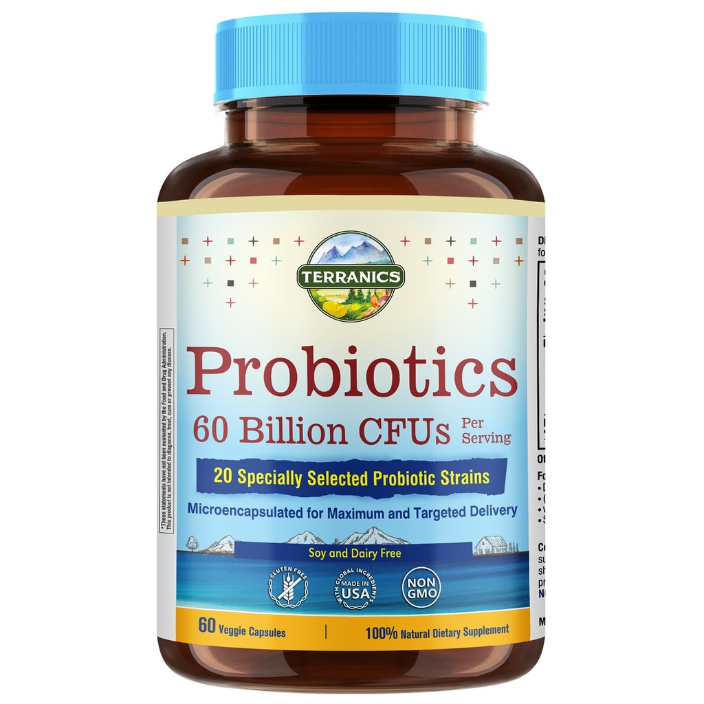 Terranics Probiotics 60 Billion CFU, 20 Strains, 60 Veg 캡슐, Prebiotics & Probiotics, 남자 & 여자를 위한 선반 안정되어 있는 Probiotic 보충교재, 소화 & 면역성 건강, 비 GMO, 아니 Soy, 낙농장 & 글루텐