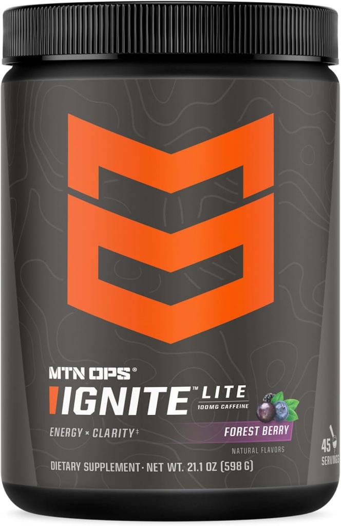 MTN OPS Ignite 라이트 에너지 음료 분말 글루텐 무료 니트로 산화물 보충 음료 혼합, L 아르기닌, L Citrulline, 카페인 & Nootropic 설탕 무료 음료 혼합, 45 서빙, 숲 베리