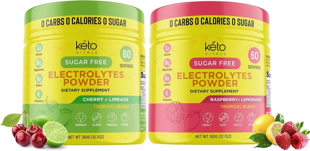 Keto Vitals Cherry Limeade 번들 라즈베리 레몬 - 2 팩 번들 Keto Electrolytes 분말 - 칼륨, 마그네슘, 나트륨, 칼슘과 전기 - Cherry Limeade & Raspberry Lemonade