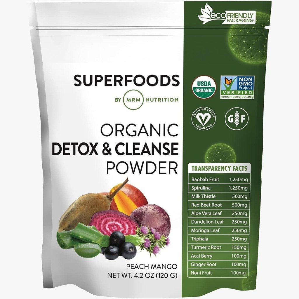 MRM 영양 유기 Detox 및 클렌징 분말 | 복숭아 망고 맛 | Gentle Daily Detox | Superfood | 산화방지제 + Chlorophyll + Phycocyanin + Electrolytes | 15 서빙