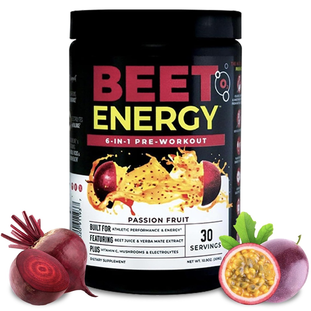 Nutrology Beet 에너지 O2의 전 운동 분말, 에너지, 내구시간 & Beet 분말, Yerba Mate, Adaptogens & Electrolytes, Vegan Pre 운동, 열정 과일 풍미, 30의 서빙을 가진 니트로 산화물 승압기