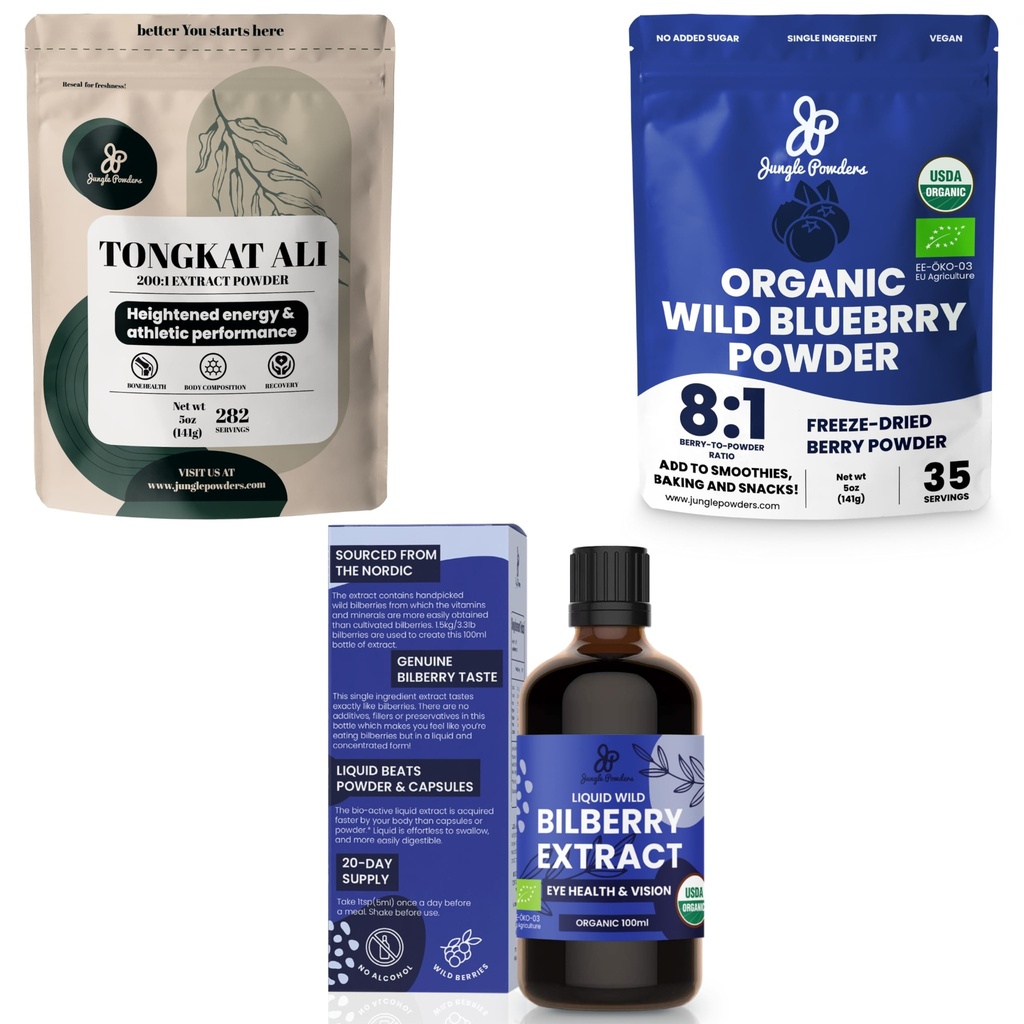정글 분말 궁극적 인 남자의 건강 및 웰빙 번들 : 5oz Tongkat Ali 분말, 5oz Wild Blueberry Powder & 3.4oz Organic Bilberry Liquid Extract - 드라이브, 열정, 아이 룩을위한 프리미엄 보충제