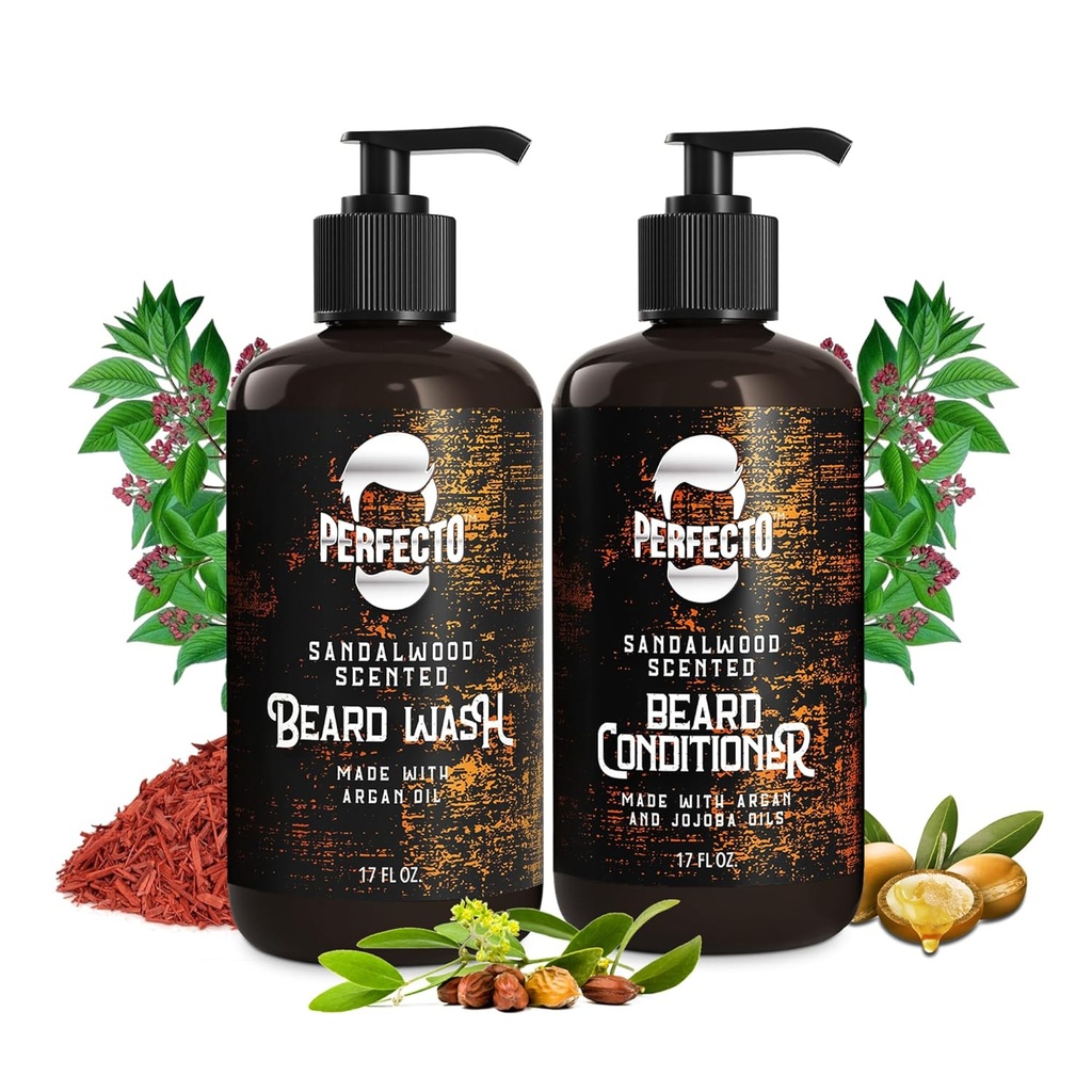 Perfecto Beard Wash & Beard 컨디셔너 세트 Argan 및 Jojoba 오일 - 강점 및 부드러움 - 자연 샌들우드 냄새