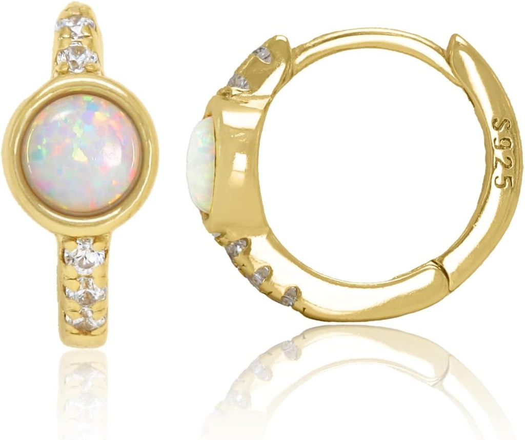 14K 골드 도금 925 스털링 실버 흰색 Opal Huggie Hoop 귀걸이