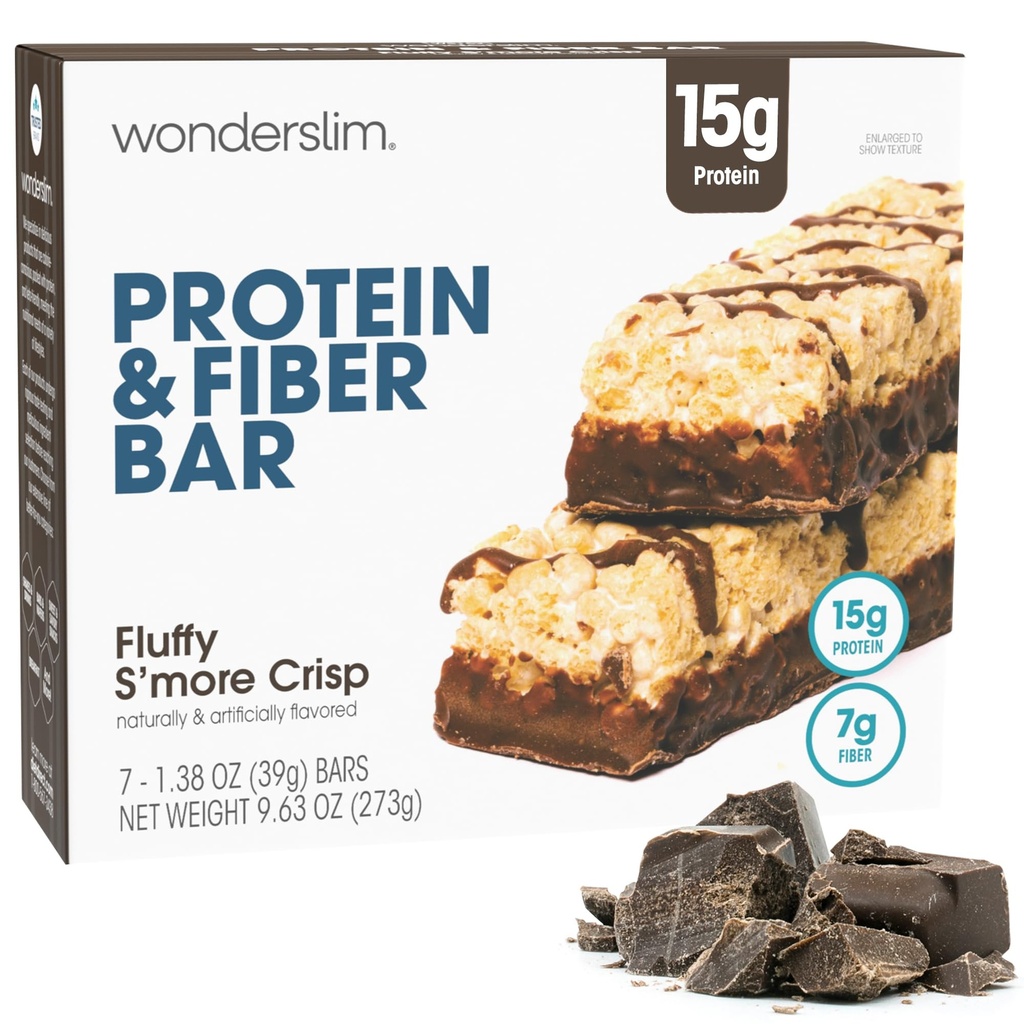 Wonderslim High Fiber Protein Bar, Fluffy S'more Crisp | 15g Protein, 8g Fiber | Low Sugar, Low Carb | 건강한 Indulgence | Satisfying, Support Energy & On-the-Go Convenience, 7 Pack