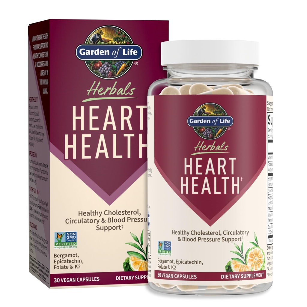 Folate, Bergamot, Green Tea & Vitamin E & K, Cholesterol, Circulatory & Blood Pressure Support, Non-GMO, Gluten-Free, Citrus flavor, 30 서빙을 가진 생명 허브 심장 건강 보충교재의 정원
