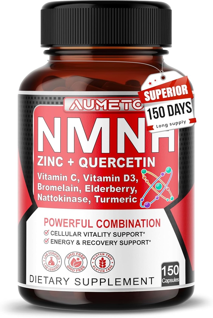 NMNH 600 mg 아연, Quercetin, 비타민 D3, Elderberry & Nattokinase - 매일 셀룰러 웰빙 및 건강한 노화 지원 - 150 캡슐 - 미국에서 만든