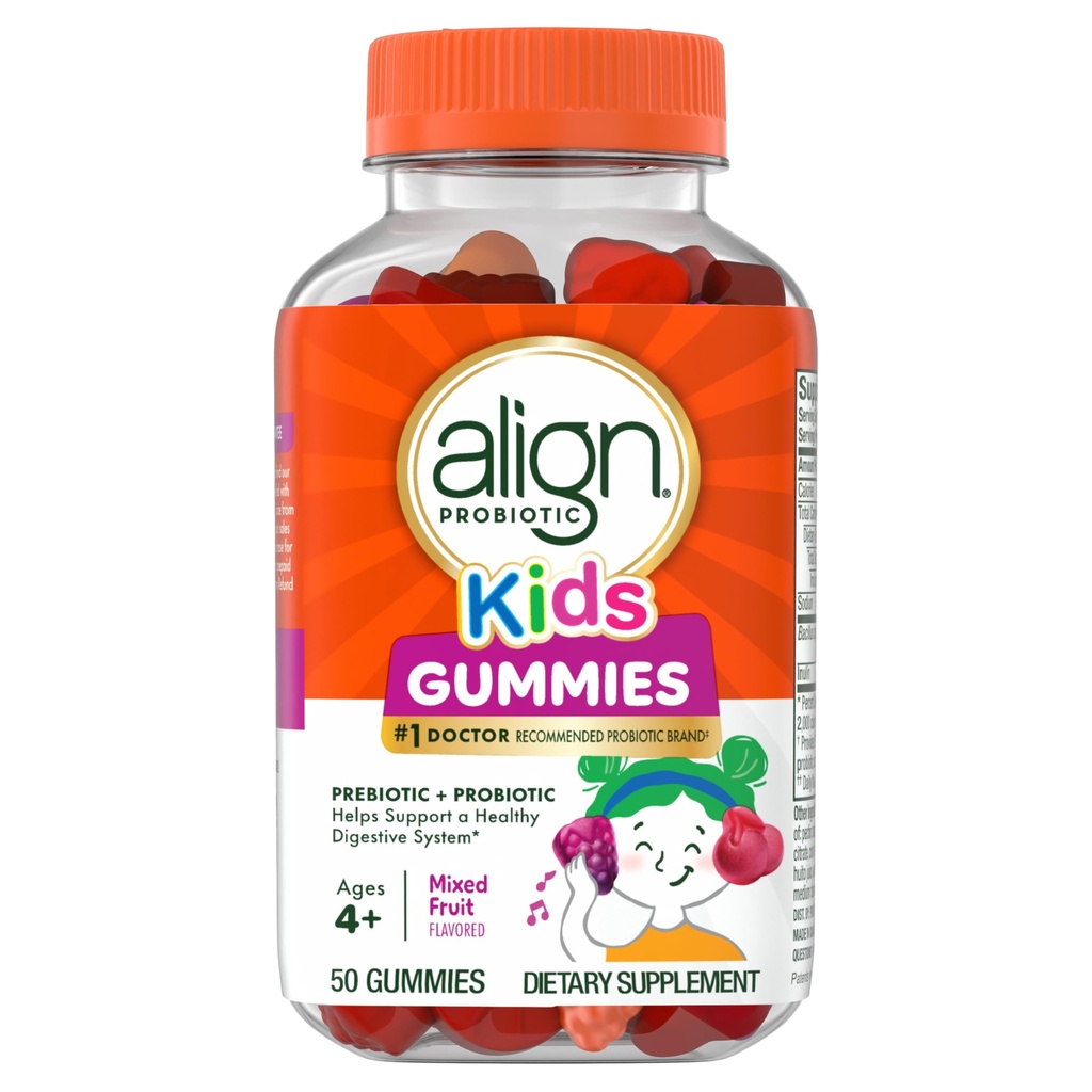 Align Probiotic, Kids Gummies, Prebiotic + Probiotic은 건강한 소화 시스템 *, #1 의사 권장 Probiotic Brand‡, 50 Gummies 포장은 다를 수 있습니다