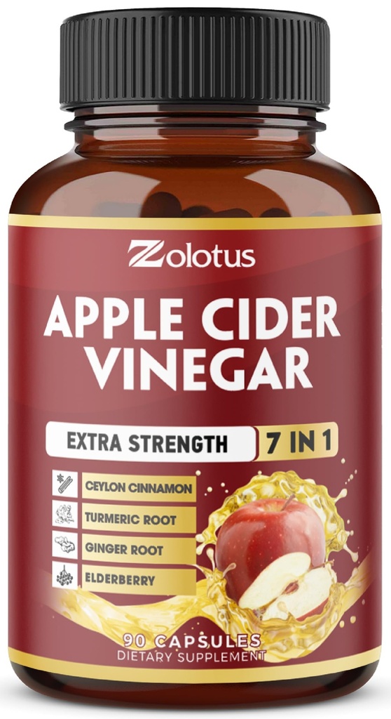 Zolotus 7 in 1 Apple Cider Vinegar 캡슐, Ceylon Cinnamon, Ginger Root, Turmeric, Elderberry for Support Digestion, Immune, 90 캡슐