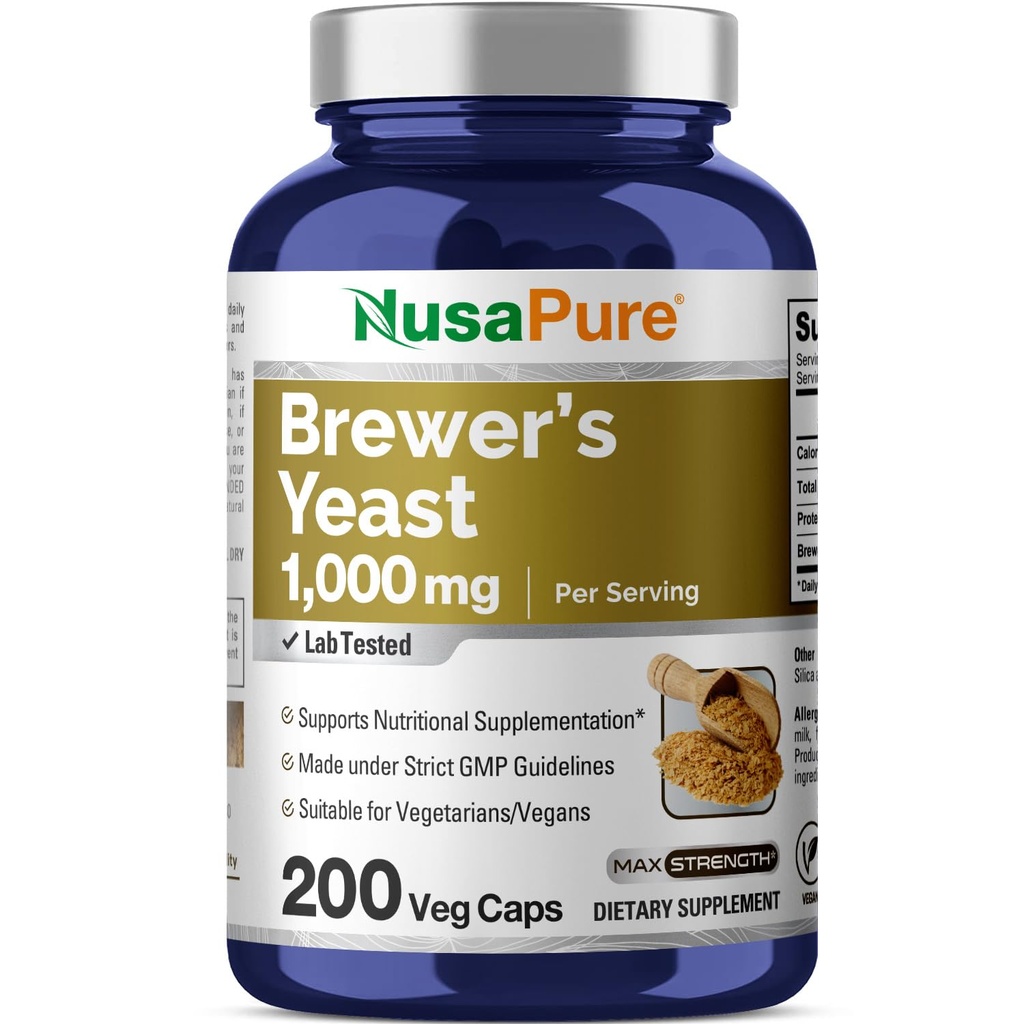 NusaPure 맥주 효모 1000mg 200 채식 모자 (비 GMO, 채식주의자)