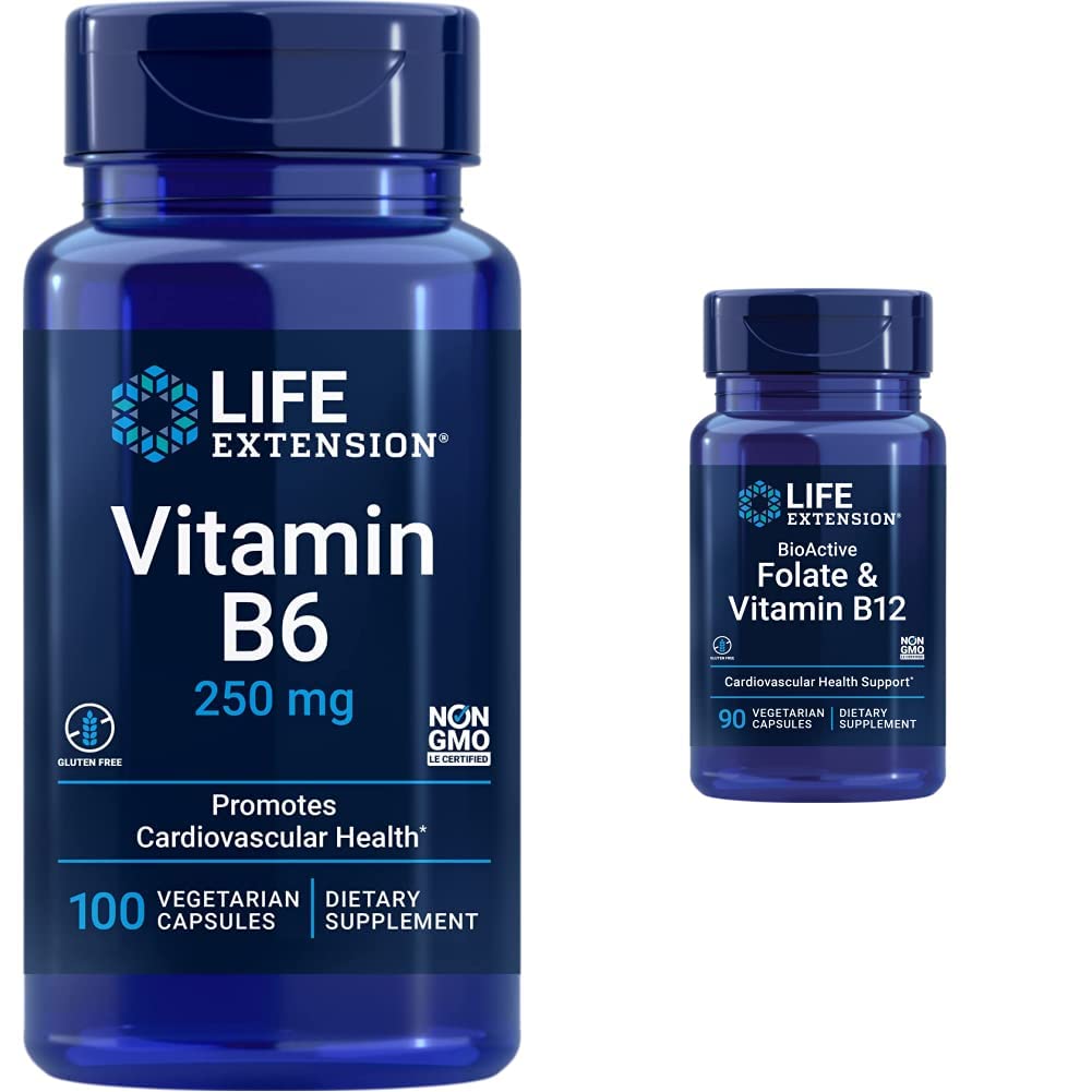 생활 연장 비타민 B6 250 mg, 100 채식 캡슐 & Folate & 비타민 B12의 채식 캡슐, 백색, 90 조사