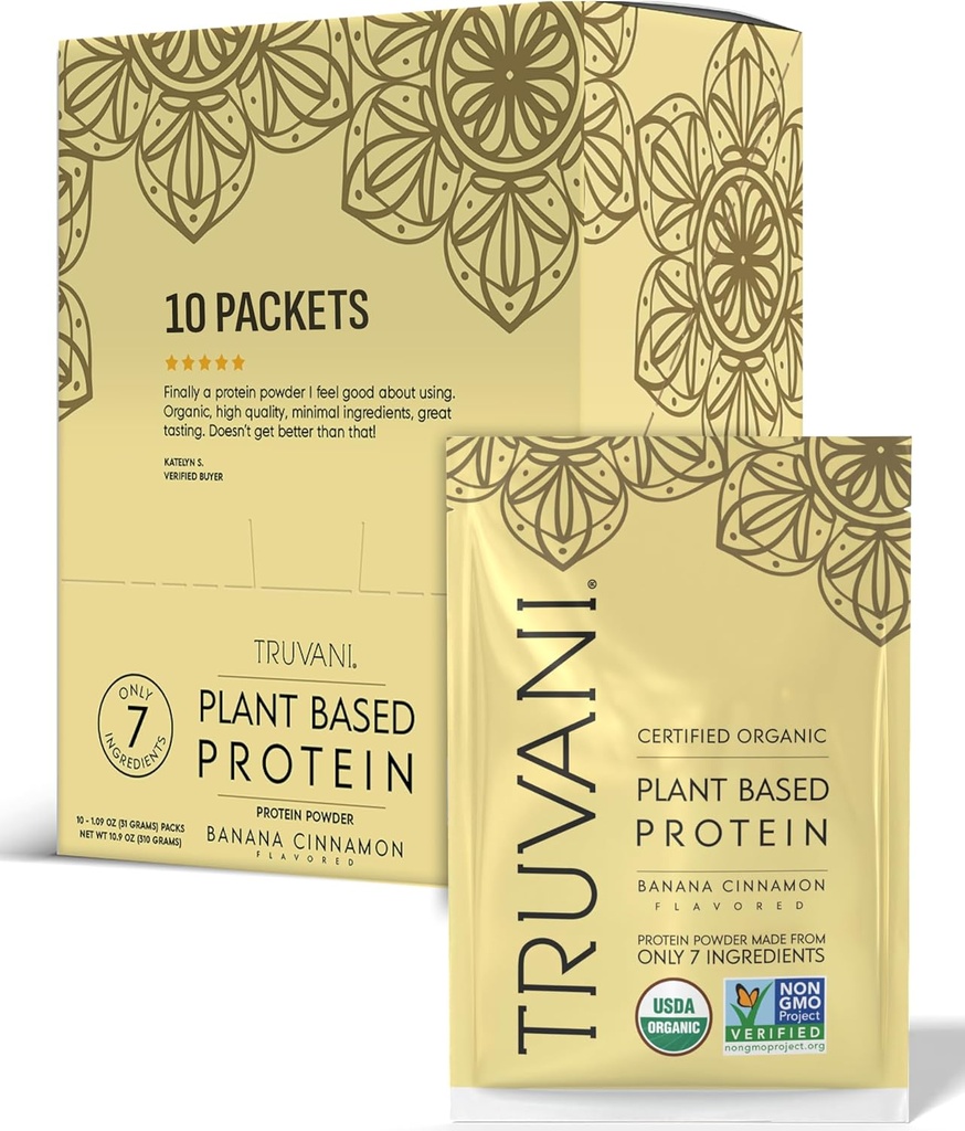 Truvani Vegan Pea Protein Powder | 바나나 크린나몬 | 20g 유기농 공장 기반 단백질 | 싱글 서빙 여행 소포 | 10 인분 | 케토 | 글루텐 & 다이리 무료 | 저탄자 | 추가 설탕
