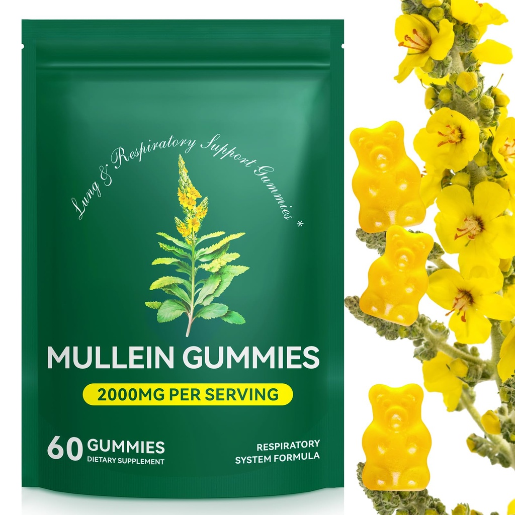 Lung Detox를 위한 Mullein Gummies, 호흡을 위한 2000mg Mullein 잎 추출물 & 소화 & 면역 지원, 호흡을 위한 Mucus 기복을 위한 유기 Mullein 허브 보충교재, 면역성이 있는, Vegan 60 Gummies
