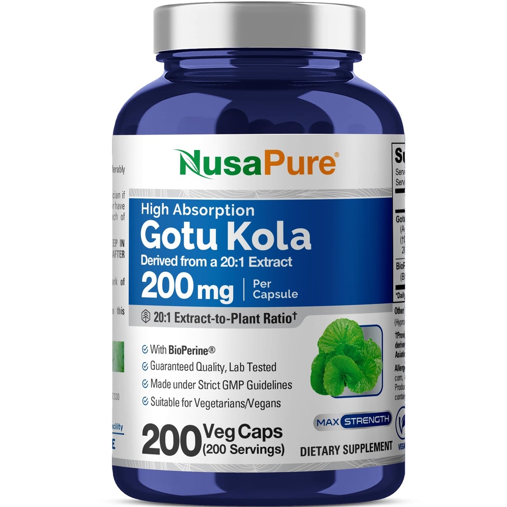 NusaPure Gotu Kola 캡슐 20:1 추출물, Veggie 모자, 200 조사, 비 GMO, Vegan, Bioperine 당 4000mg에 동등한 200 mg - 전통적인 허브 추출물