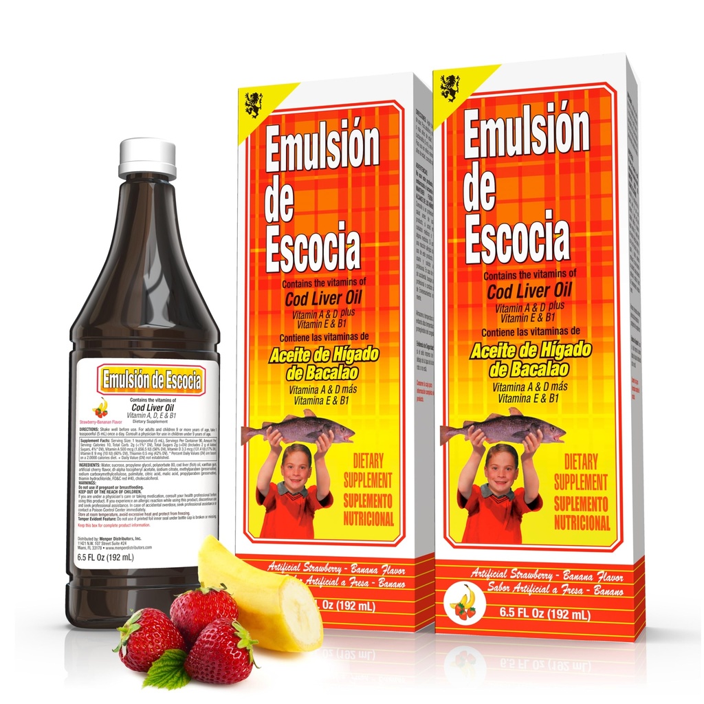 Emulsión de Escocia Cod Liver Oil Liquid Supplement with Vitamin A, D, E & B1 - 어린이 및 성인을위한 천연 생선 오일 오메가 3 - 맛있는 딸기 바나나 맛 - 6.5 oz (2-Pack)