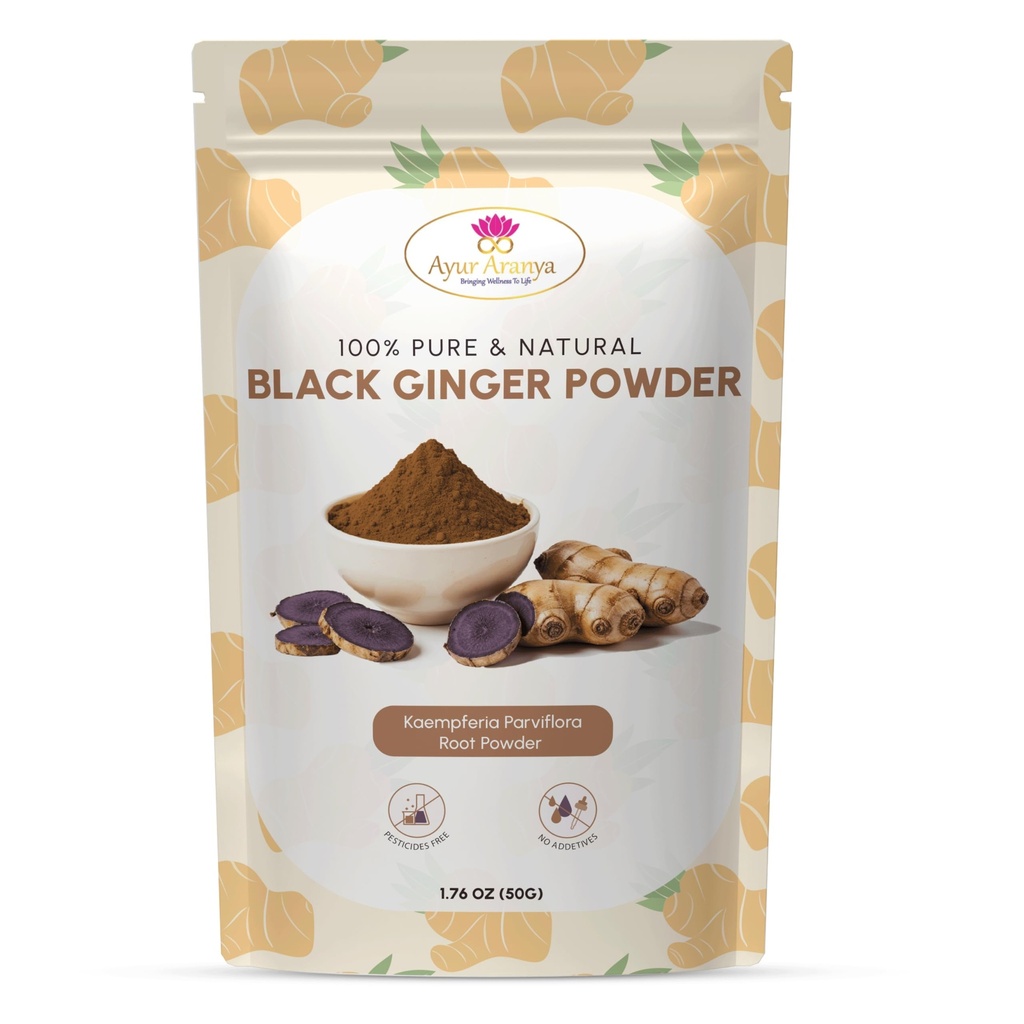 Ayur Aranya 100 % 순수 블랙 생강 분말 50g - Kaempferia Parviflora 뿌리 분말 - 천연 체력 및 에너지 부스터 - 프리미엄 품질, 보존제 없음 - 물, 주스, 스무디 또는 차와 혼합
