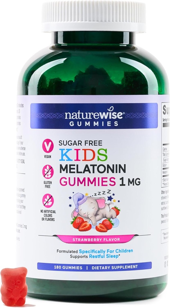 NatureWise Kids Melatonin 1mg Sugar-Free Gummies for Children Ages 4 & Up - 수면 보조를 형성하는 비 - 딸기 맛 - 베리, 글루텐 없음, 비 GMO - 180 Count[6-Month Supply]