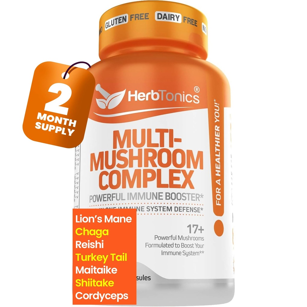Herbtonics All-in-One Mushroom Supplement for Immune System Support | 라이온스 Mane, Cordyceps, Reishi | 강력한 Mushroom Complex | 120 Vegan 캡슐