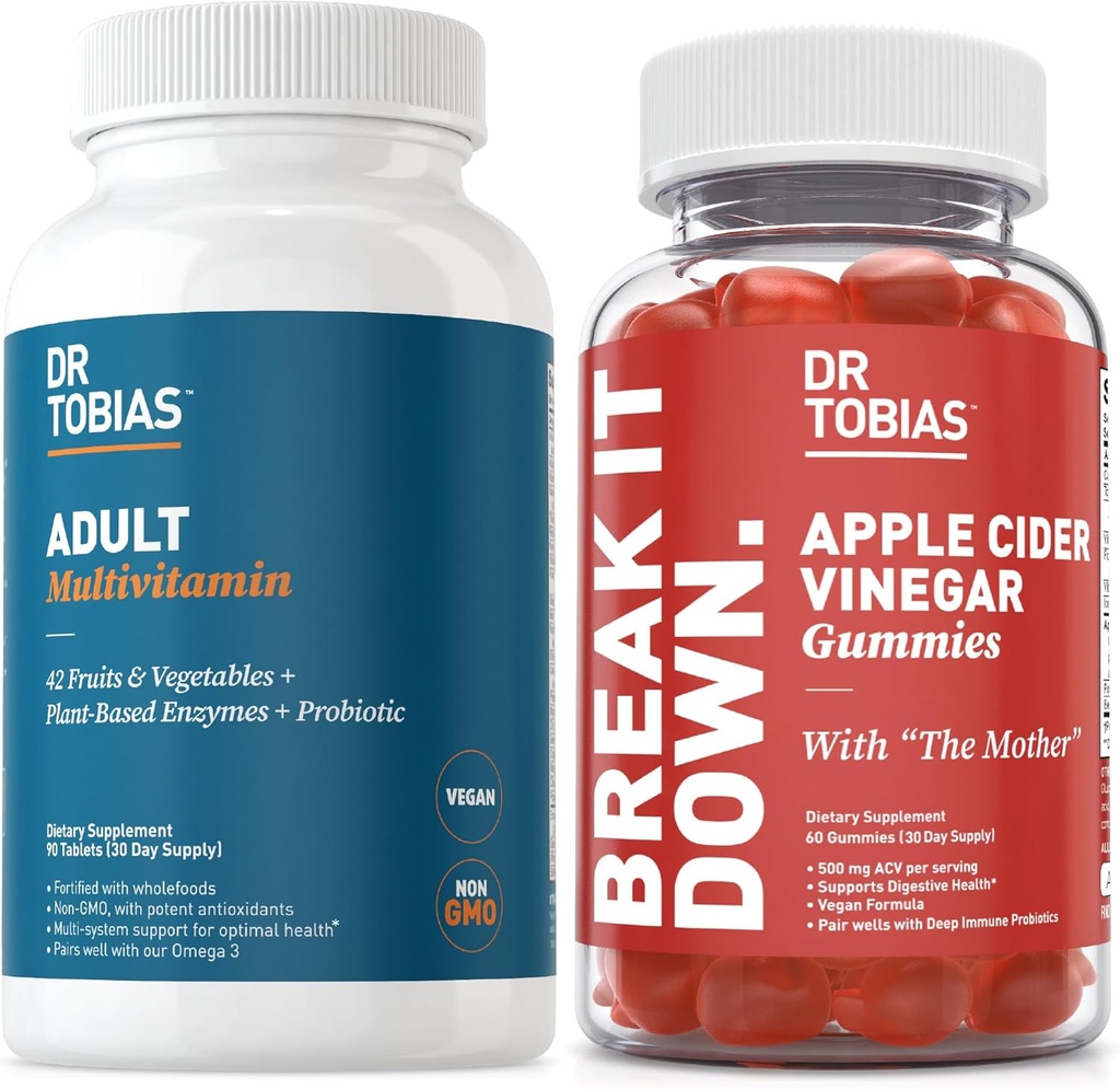Dr. Tobias 성인 Multivamin & Apple Cider Vinegar Gummies, 42 과일 및 야채 플러스 프로바이오틱스, 어머니, FOlate, B12와 함께 에너지, 면역 & Gut 건강 지원