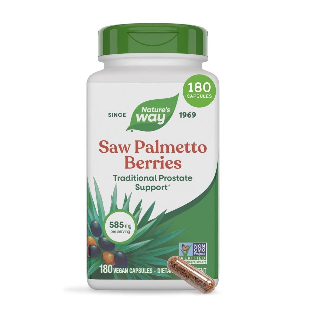 Nature's Way Saw Palmetto Berries, 전통 전립선 지원 *, 서빙 당 585 mg, Non-GMO Project Verified, 비건, 180 캡슐