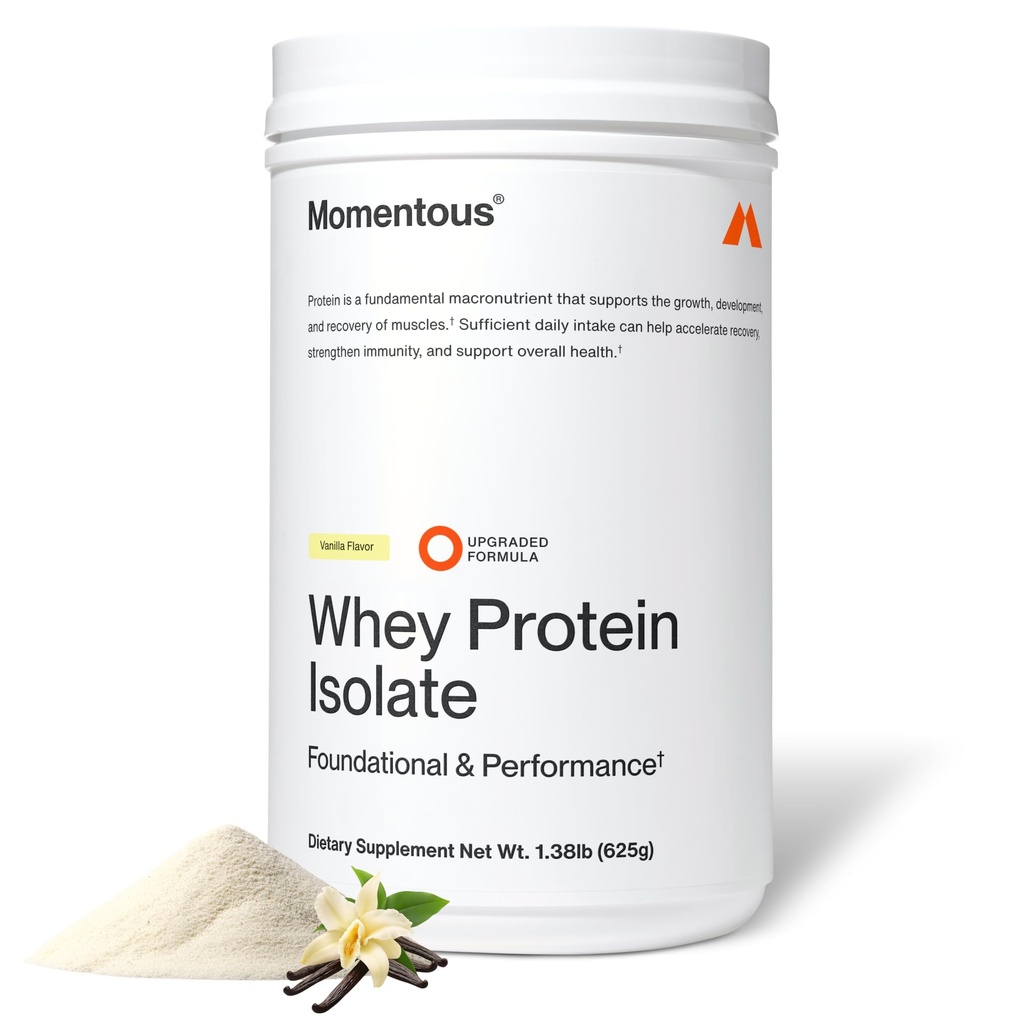 Momentous Essential Grass-Fed Whey Protein Powder - 20 g Whey Isolate Protein - 스포츠에 대한 NSF 인증 - 글루텐 - 무료 - 매일 사용을위한 24 서빙 - 바닐라 - 패키지 5 월 Vary