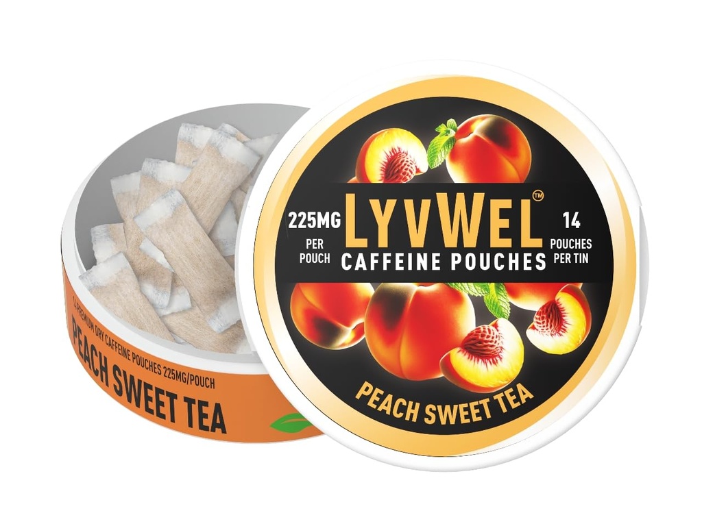 LyvWel Ultra Caffeine 파우치 - 복숭아 달콤한 차 - Guarana가있는 225mg 천연 카페 - 초점 및 무드를위한 청정 에너지 - 1 팩 (15 파우치)