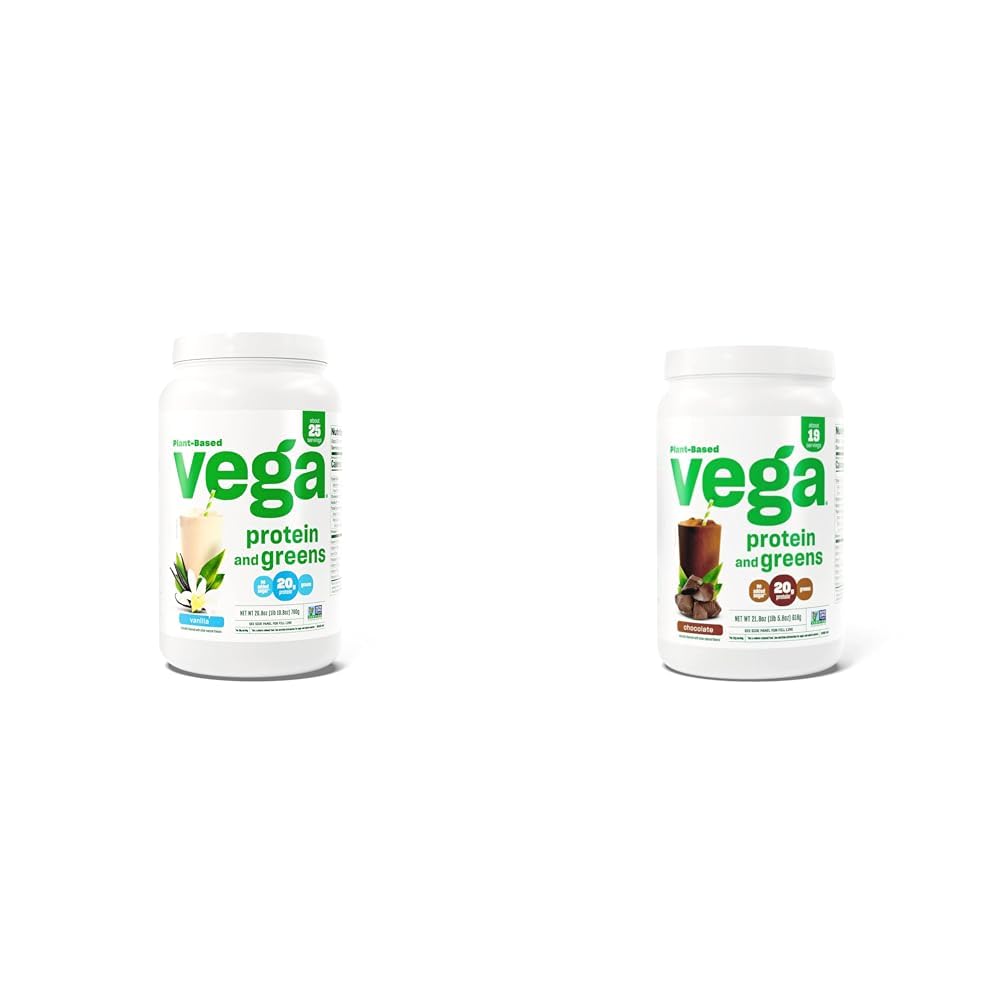 Vega 단백질 및 녹색 단백질 분말, 바닐라 - 20g 식물 기반 단백질 플러스 채소, 채식 및 단백질 및 녹색 단백질 분말 초콜릿 (19 서빙) - 20g 식물 기반 단백질 플러스
