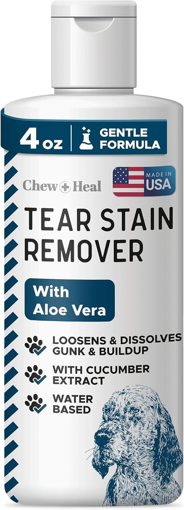 Chew + Heal Labs 애완 동물 눈물은 개를위한 제거제 - 4 oz Water-Based Dog Eye Wash & Cleaner - Gunk & Buildup 용해 - 알로에 Vera 및 Cucumber Extract