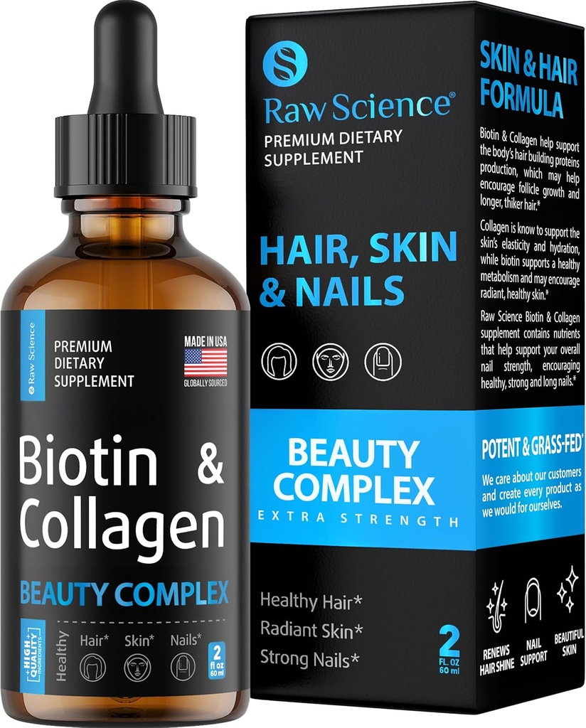 머리 성장을 위한 액체 교원질 & Biotin 보충교재 - Biotin 10000mcg 교원질 펩티드 20000mcg 하락 - 여자를 위한 탈모를 위한 머리 비타민 & 남자, 피부 및 못 strengthener - 미국에서 만드는, 2 floz