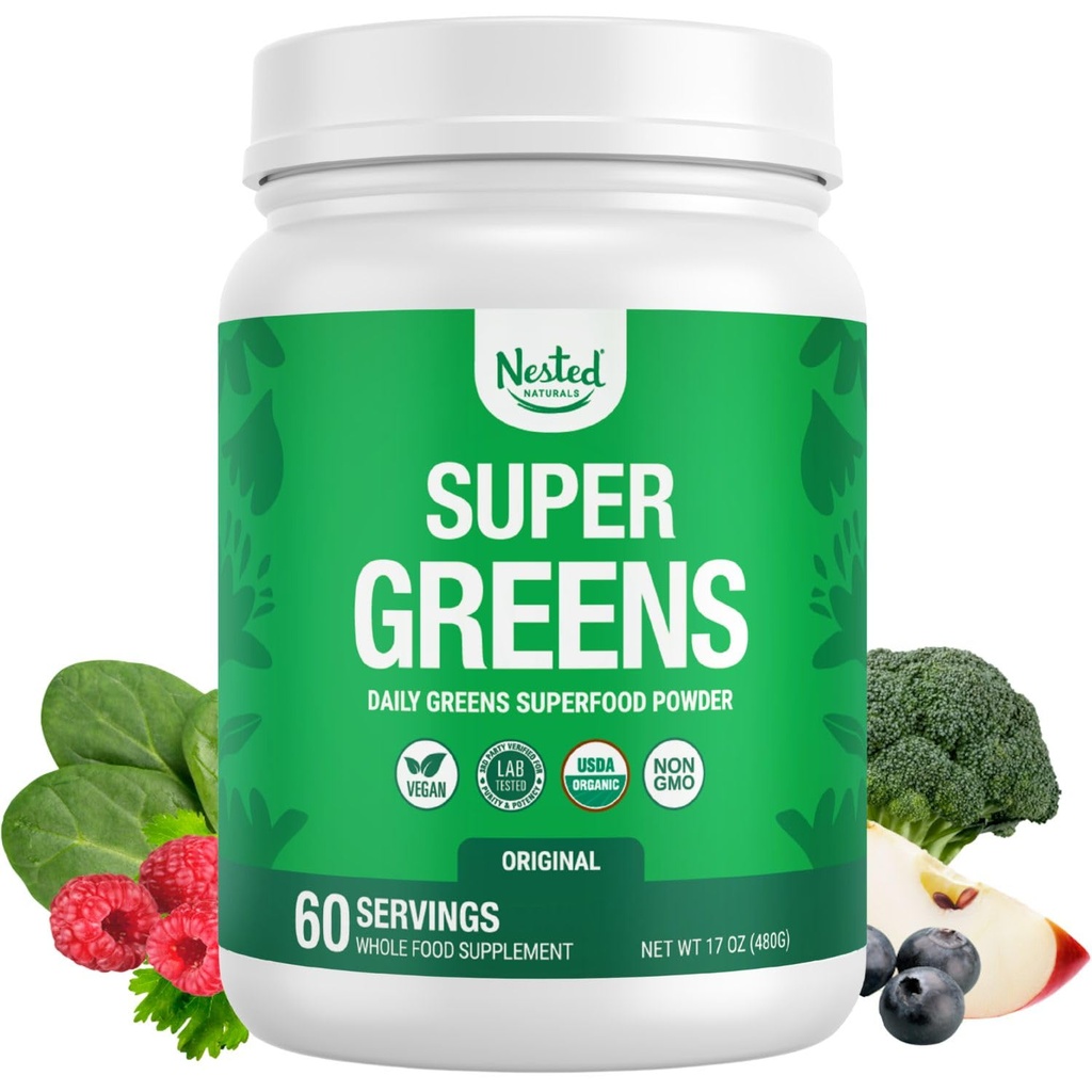 Nested Naturals Super Greens Daily Superfood Powder - 공인 된 USDA 유기 녹색 분말 w / 20 + 전체 식품, Spirulina 분말, 밀 및 보리 잔디 - Probiotics, 섬유 및 효소 - 원래 맛, 60