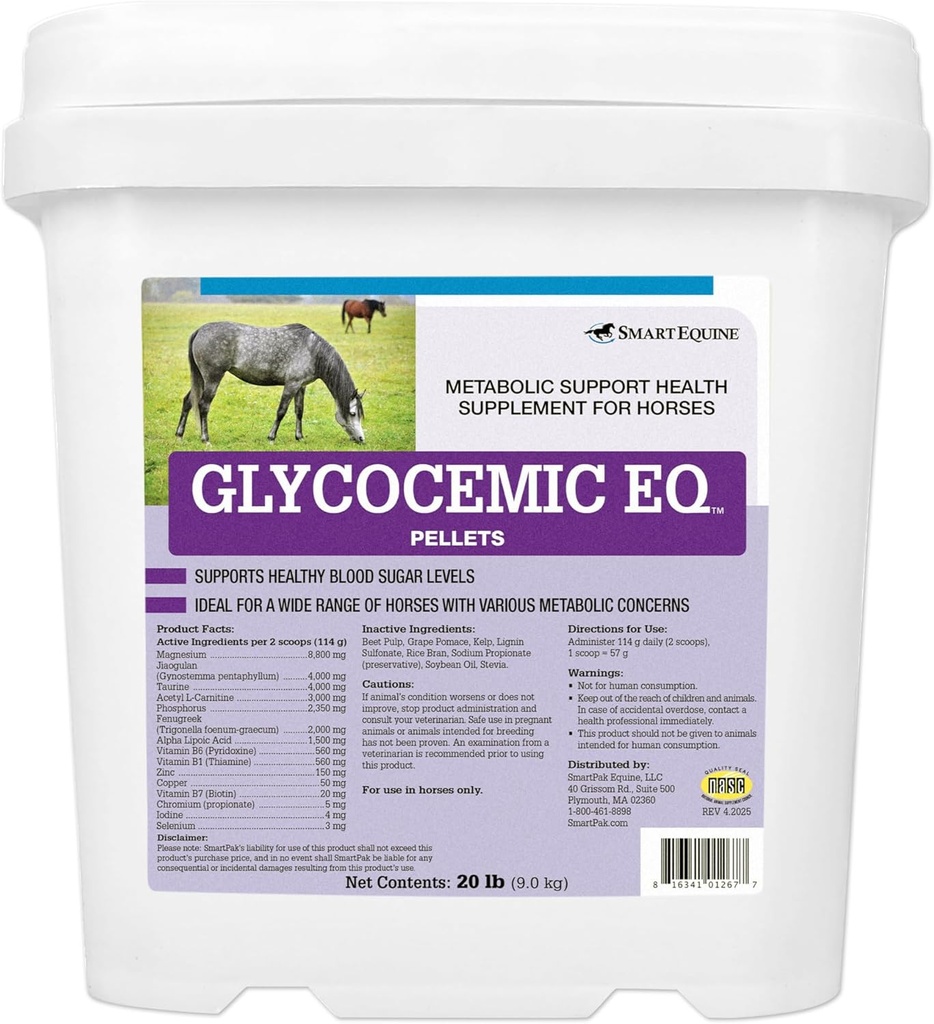 Glycocemic EQ 펠릿 | Equine 대사 지원 | Thyroid 기능 및 건강한 무게 지원 | 타우린, 자구란 및 더 많은 | 20 파운드 버킷