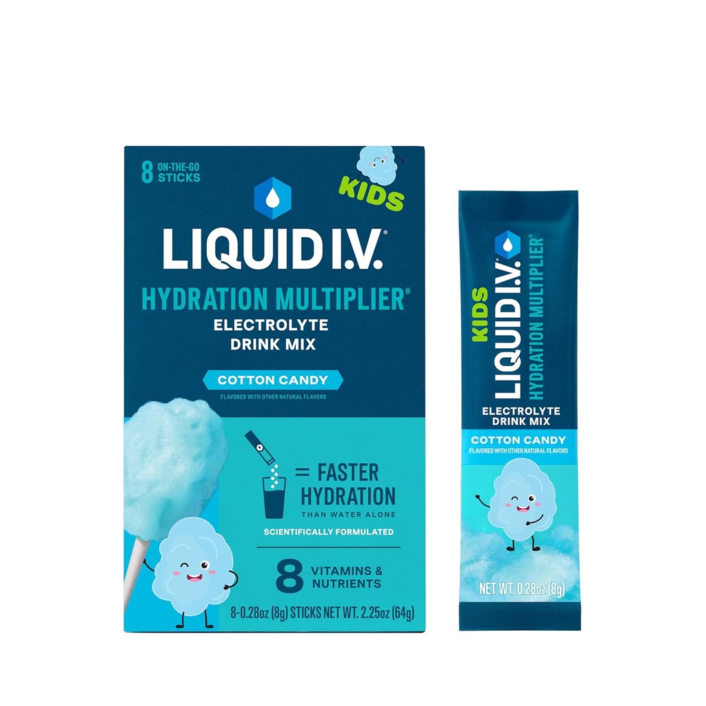 액체 I.V.® Hydration Multiplier® +Kids - 코튼 캔디 | 전자 분말 음료 믹스 | 2 팩 (16 인분)