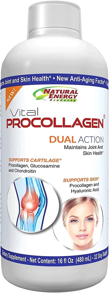 Natural Energy Vital Procollagen - Hyaluronic Acid 및 Glucosamine Chondroitin Sulfate Anti-Aging Factor가있는 액체 가수 분해 콜라겐 단백질 남성 및 여성 16oz|신규 소고기|