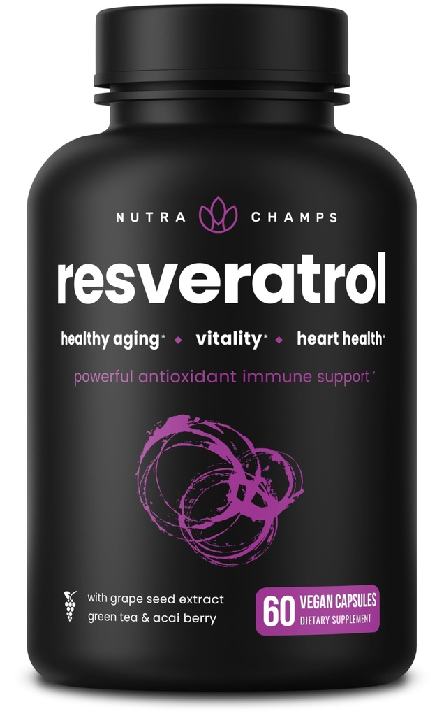 NutraChamps Resveratrol 보충교재, 건강한 시효, 면역 지원, Trans-Resveratrol, 녹차 잎, Acai Berry & 포도씨 추출물을 가진 60 Vegan 캡슐을 위한 여분 힘 공식
