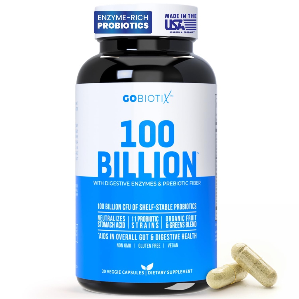 GOBIOTIX 100억 - 소화 효소 보충 - Probiotics Multivitamin - Prebiotic 섬유 혼합 - 100억 CFU - 유기 과일 및 녹색 혼합 - Vegan, 비 GMO - 30 캡슐