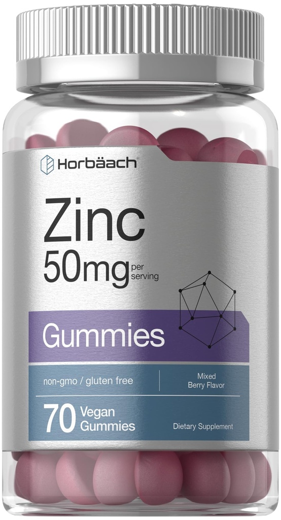 Horbäach 아연 50mg | 70 Gummies | 혼합 베리 맛 | Vegan, Non-GMO 및 Gluten Free Formula | 아연 시트레이트 다이어트