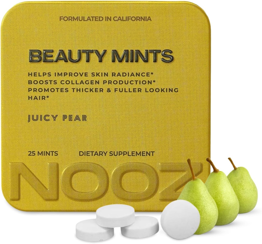NOOZ Beauty Mints - Gray Skin, Healthy Hair & Strong Nails를 위한 Sugar-Free Biotin Mint - Juicy Pear 풍미 | 항산화제, 비타민 C, B6 및 B12를 가진 여행 친절한 보충교재 | Non-GMO, 25 분