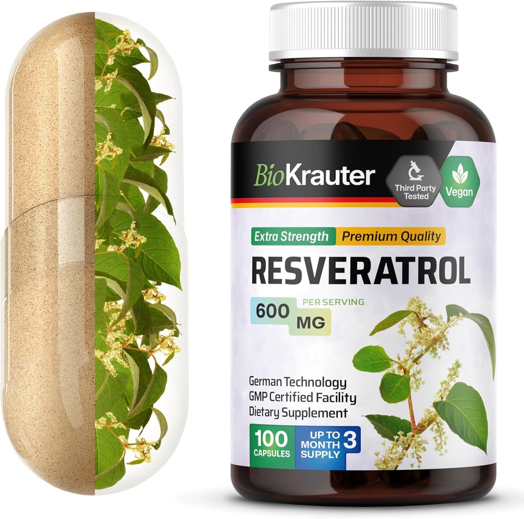 BIO KRAUTER Resveratrol 보충교재 캡슐 600 mg - 100 조사 - 자연적인 산화 방지제 근원 - 98% 순수한 Trans Resveratrol 분말 - 채식주의자