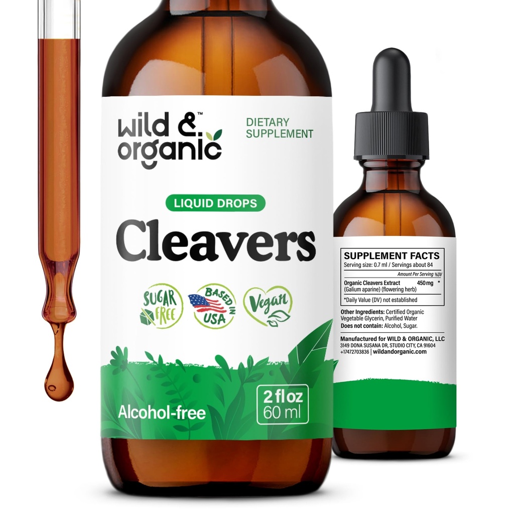 Wild & Organic Cleavers Tincture - 클레버 리프가있는 자연 해독 드롭 - 갈륨 아파린 허브 추출물 보충 - Vegan, Sugar & Alcohol-Free - 2 fl oz