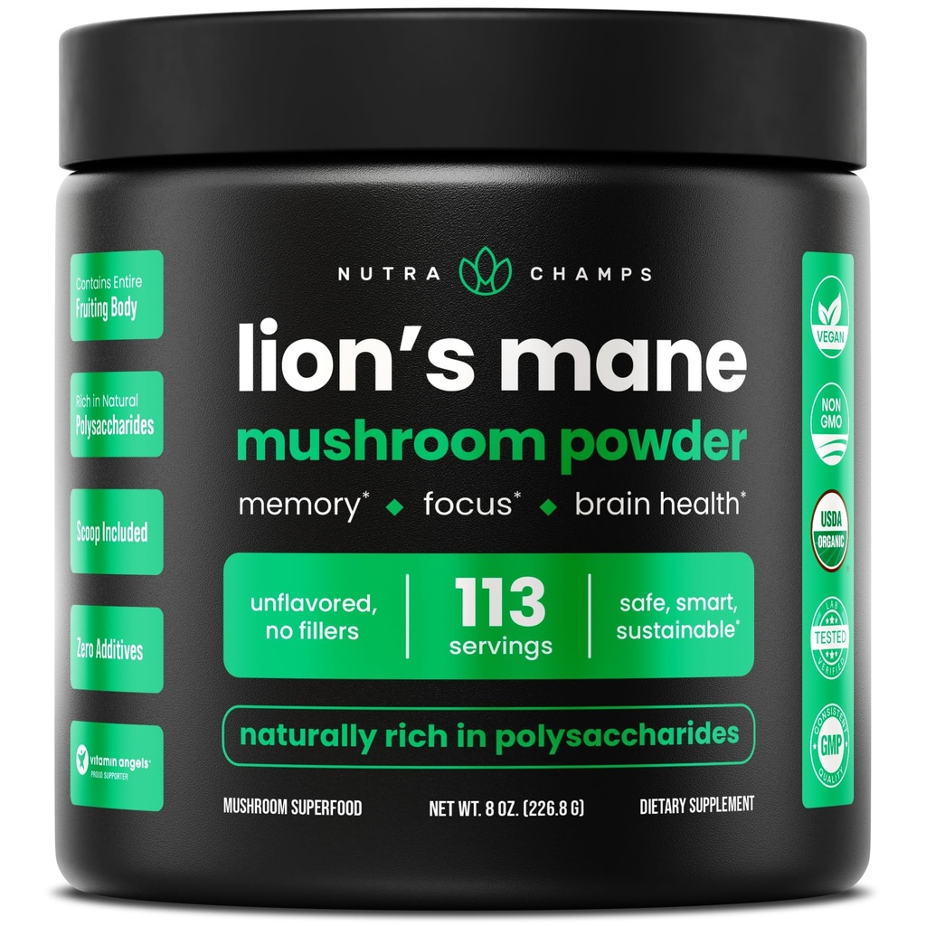 NutraChamps 유기 사자 Mane 분말 - 기억, 초점, 면역 지원을위한 2000mg 강력한 Nootropic - 자연적으로 Occurring Beta-Glucans와 Vegan 사자 Mane 버섯 분말 보충 - 8oz