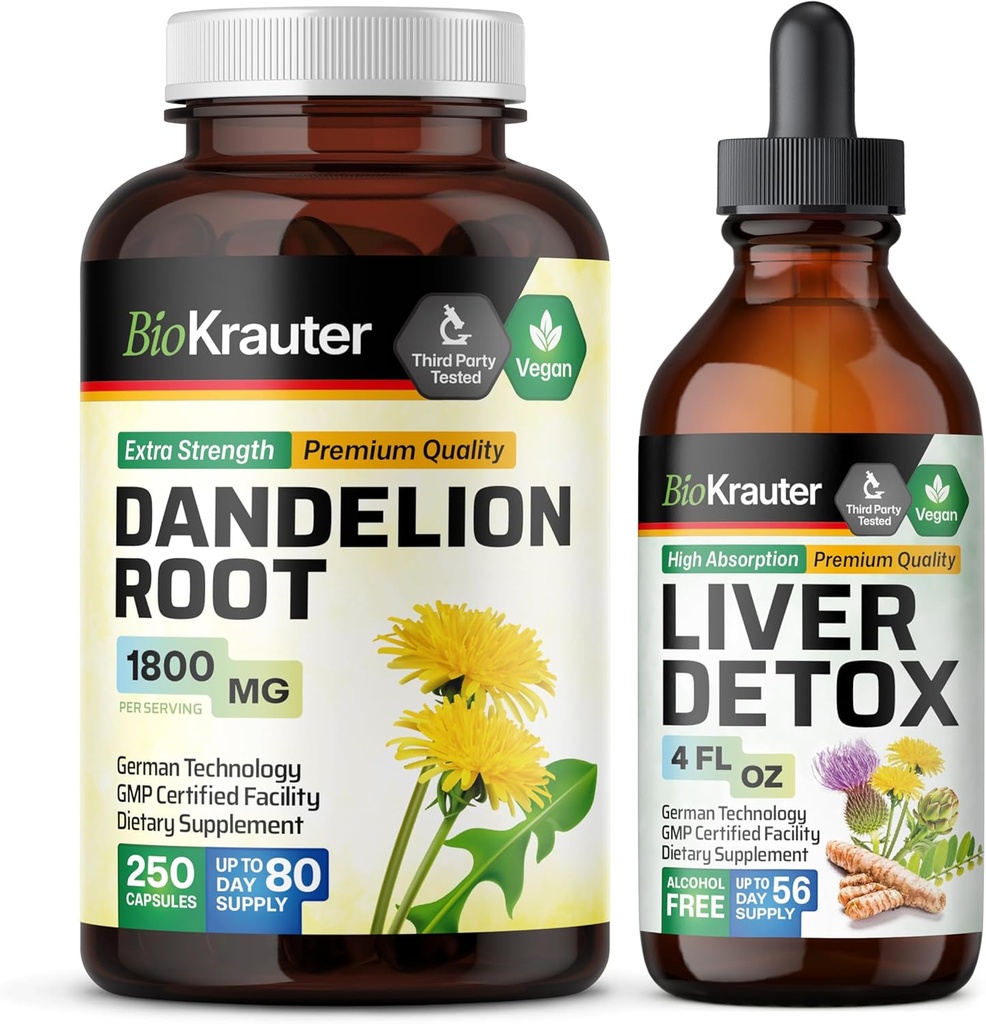 BIO KRAUTER Dandelion 뿌리 250 캡슐 & 간섭 지원 Tincture 4 Fl. Oz.