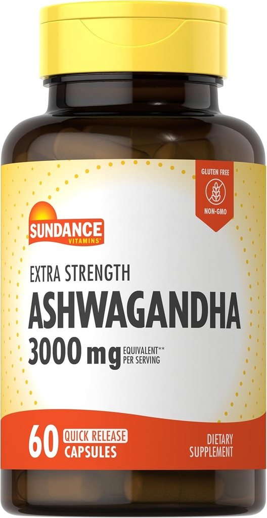 Sundance Ashwagandha 캡슐 | 3000mg | 60 Count | Extra Strength Formula | Black Pepper Extract | Non-GMO 및 글루텐 무료 보충 교재