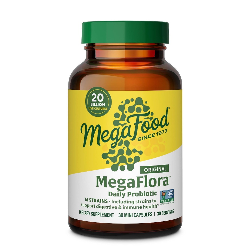 MegaFood MegaFlora Probiotic - 여성 소화 건강을위한 Probiotics - 면역 지원 보충 - 20 억 CFU - 14 Strains - Non-GMO - 채식 - 30 미니 캡슐 (30 인분)