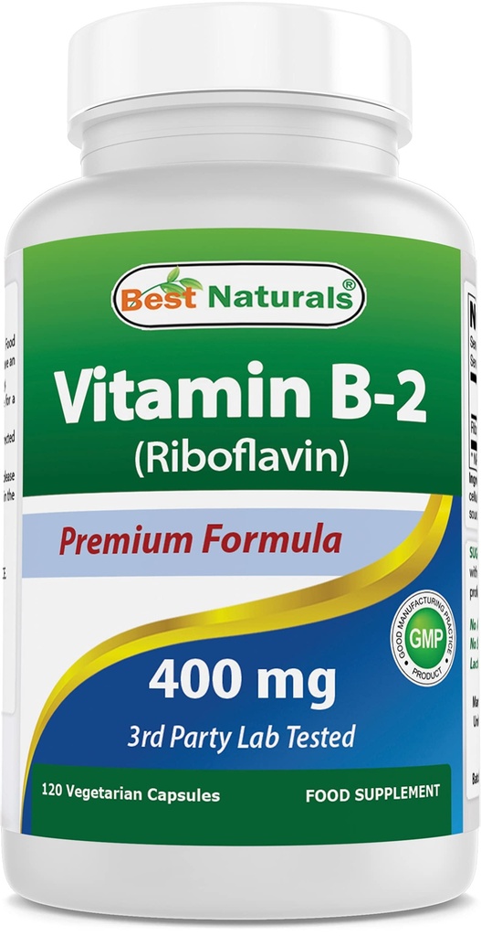 최고의 자연 비타민 B2 (Riboflavin) 400mg - 편두통 구호 - Veggie 캡슐 - Conezyme Precursor - 120 조사