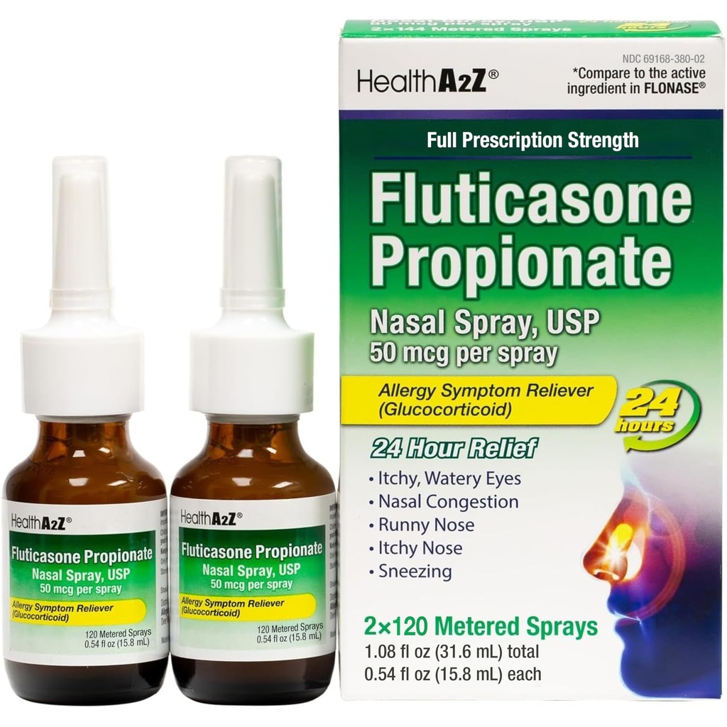 건강A2Z® Fluticasone 프로 피오 네이트 나살 스프레이 | Allery Relief Spray | Runny Nose | Nasal Congestion | Sneezing | Itchy Watery Eye | 24시간 알레르기 완화 | (2 팩)
