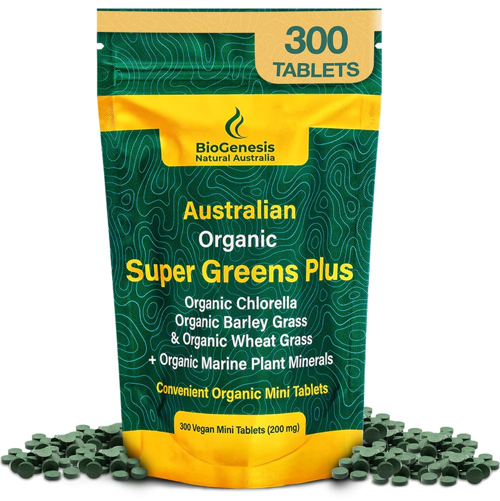 Biogenesis SuperGreens Plus Tablets – 300 Count (200 mg) | 불확실한 | 유기농 염소라, 와트그라드 & 보리 잔디 | 호주 Grown | 지원 에너지 및 면역력 | Vegan Mini Talets